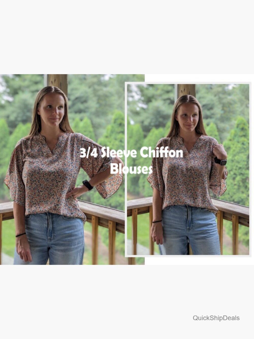 Chiffon V-Neck Blouse with 3/4 Ruffled Sleeves Loose Fit Tunic - Picture 5 of 7